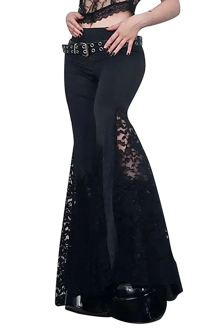 Gothic Black Casual Lace Patchwork Skinny Bell Bottom Pants