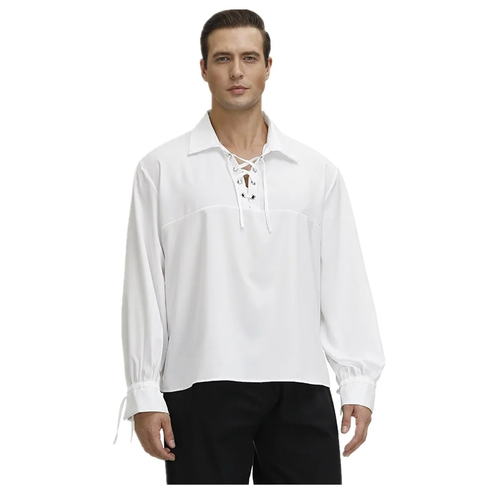Billionm Shirt Medieval Renaissance Costume for Men Gothic Shirt Adult Men Viking Cosplay Lace Up Shirts White Black Red Blue