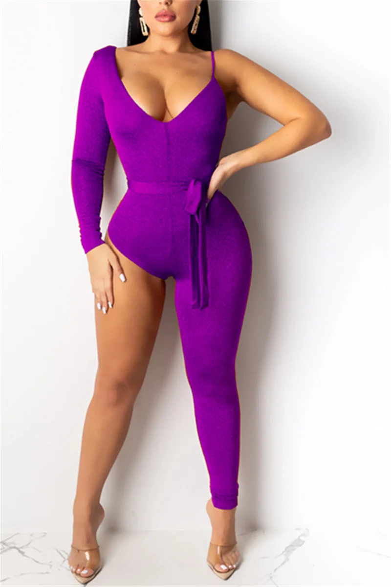 Purple Fashion Sexy Irregular Single Sleeved Single Pants Jumpsuits | EGEMISS