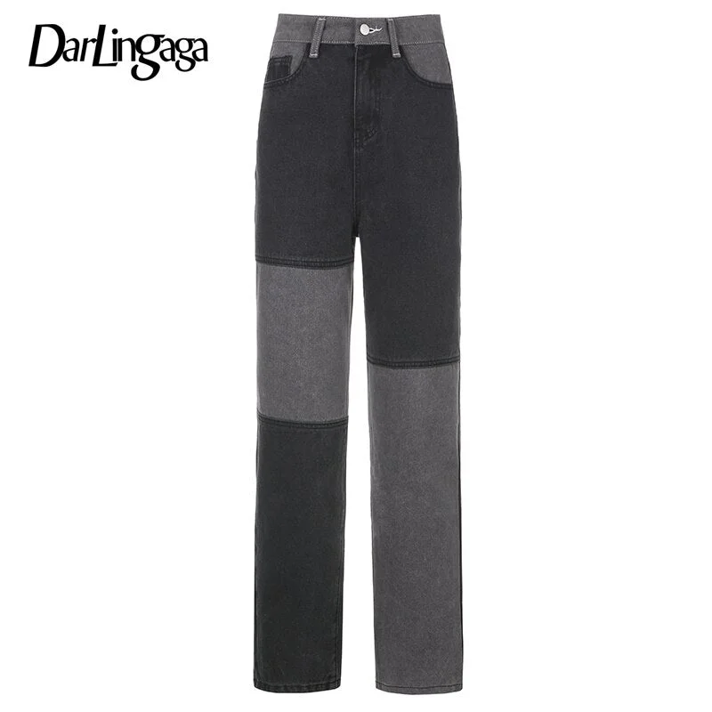 Darlingaga Streetwear Patchwork Jeans for Women Straight Harajuku High Waist Pants Denim 90s Plus Size Long Trousers Female