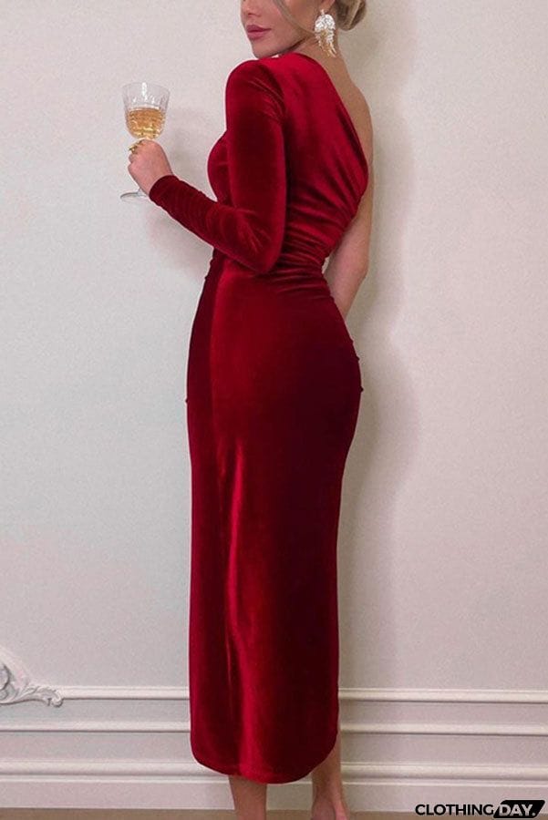 Miss Hollywood Velvet One Shoulder High Slit Midi Dress