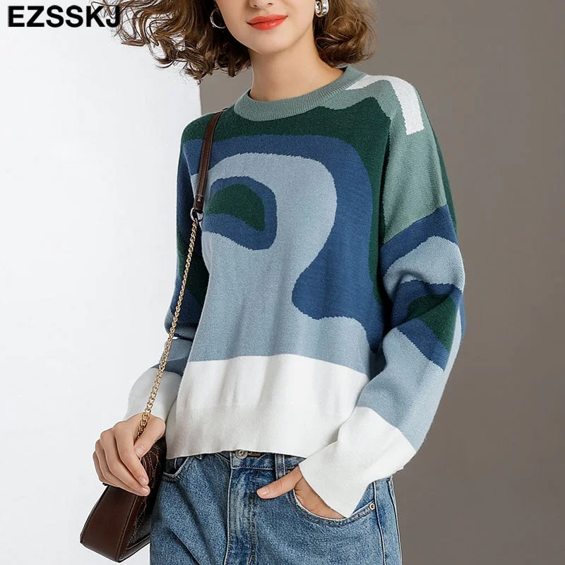 EZSSKJ Color Block Drop Shoulder Sweater Croped Sweater pullovers Women 2021 loose Sweater Pullover female Long Sleeve