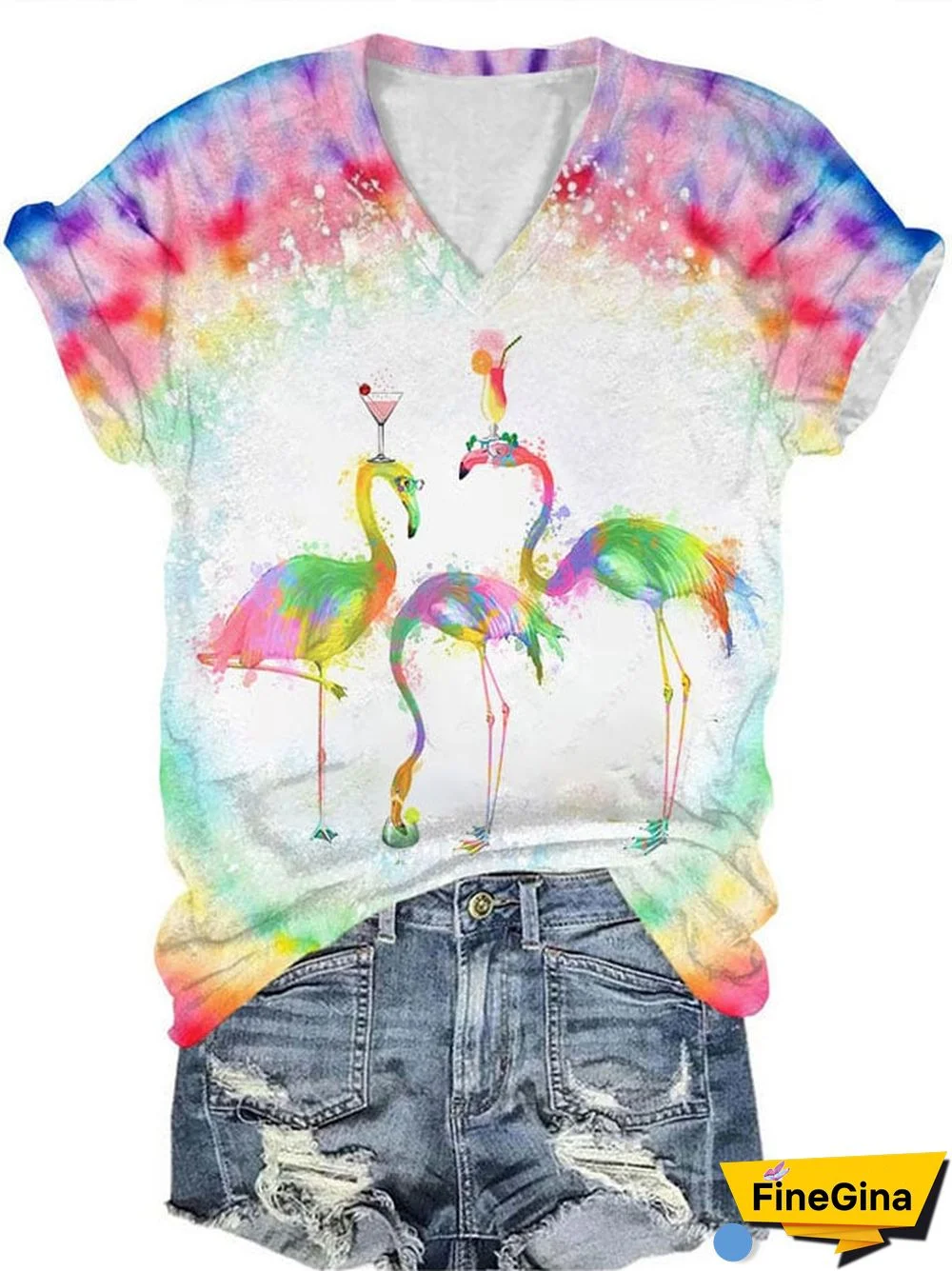Women's Christmas Flamingo Print V-Neck T-Shirt