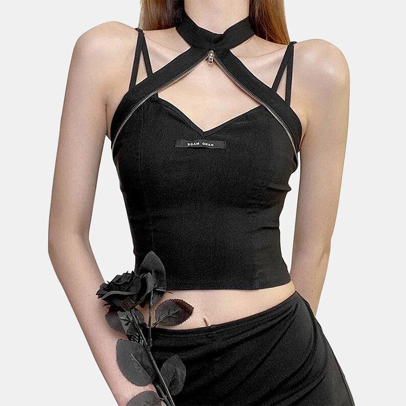"Black Rose"Zipper Halter Top