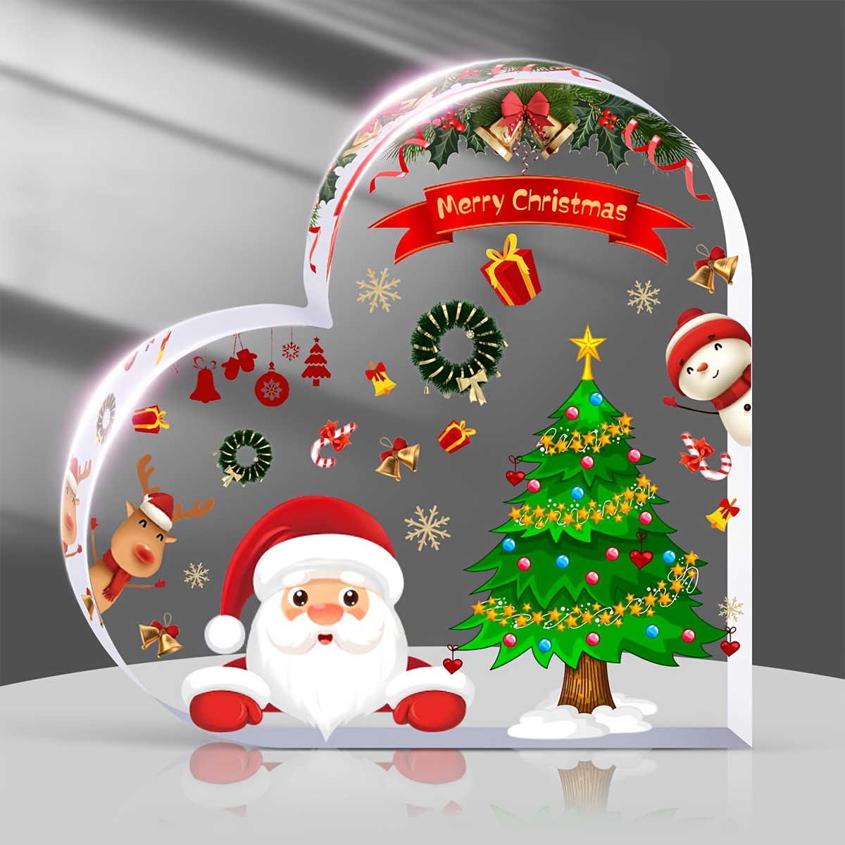 Tegooe Heart-Shaped Acrylic Christmas Desktop Ornament - Santa Reindeer Design
