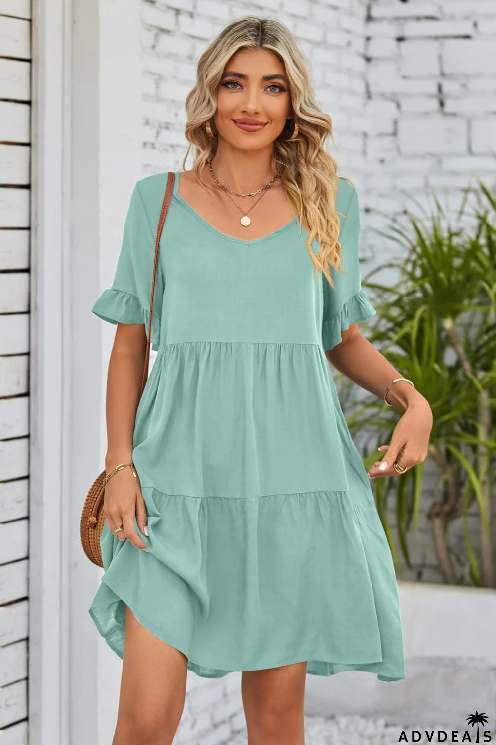 V-Neck Flounce Sleeve Tiered Dress