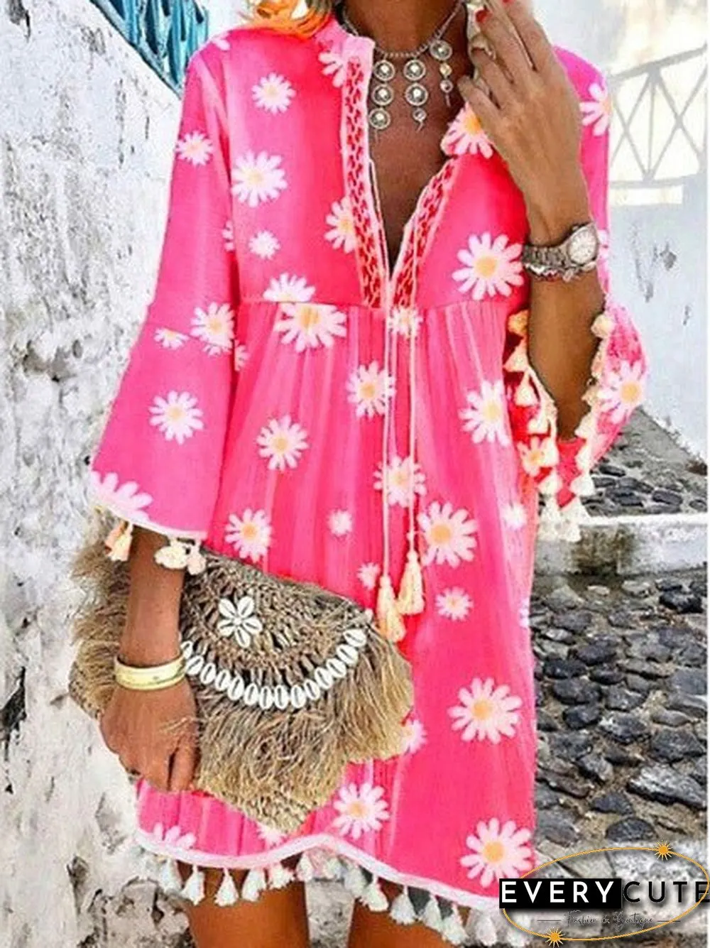 Women'S Dresses Daisy Print V-Neck Fringe Dress