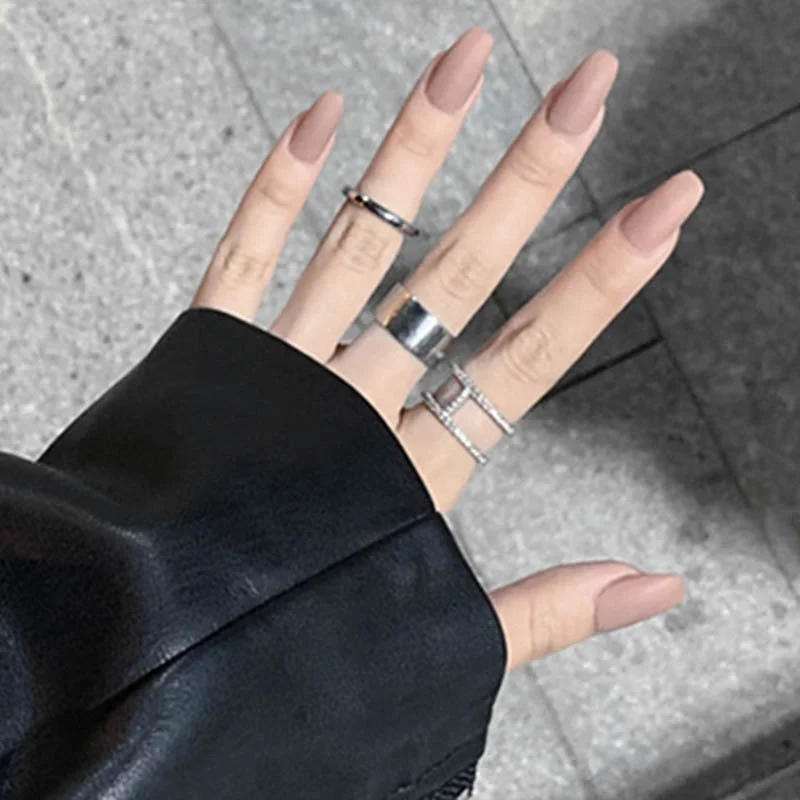 24Pcs Europe and the United State Beam ballerina fake press on nails Long Round Head Khaki matt fake nails with glue for girls-Nail Inspo