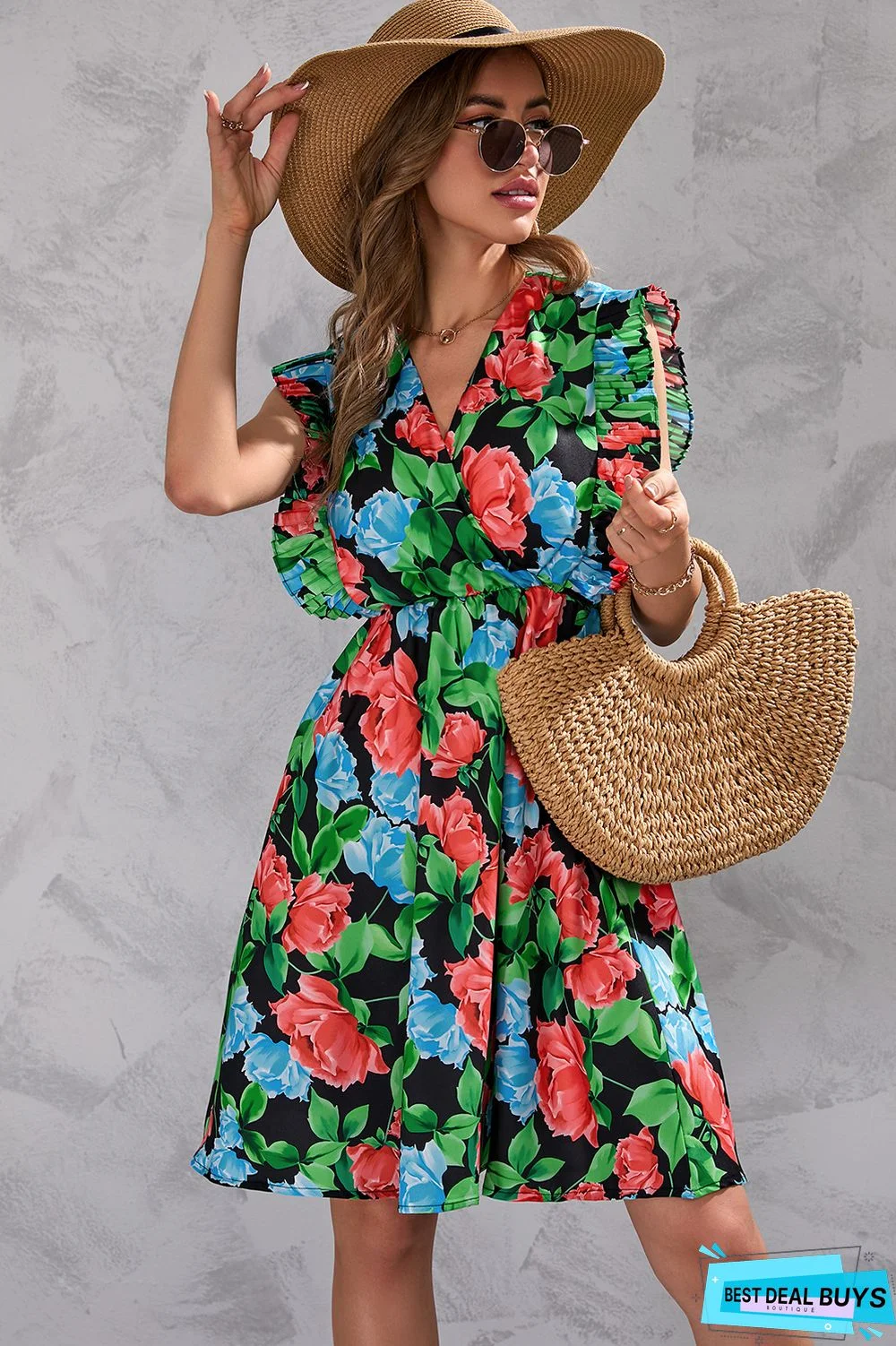 Floral Print Waist Sleeveless Dress