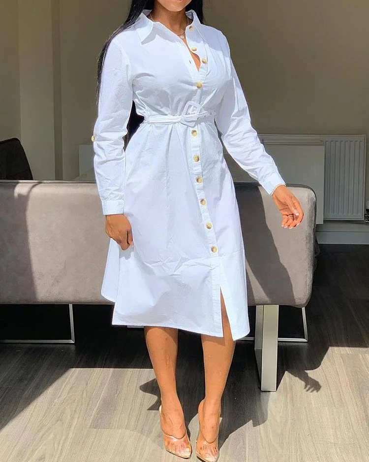 Fashion Solid Color Shirt Dress (without Belt)