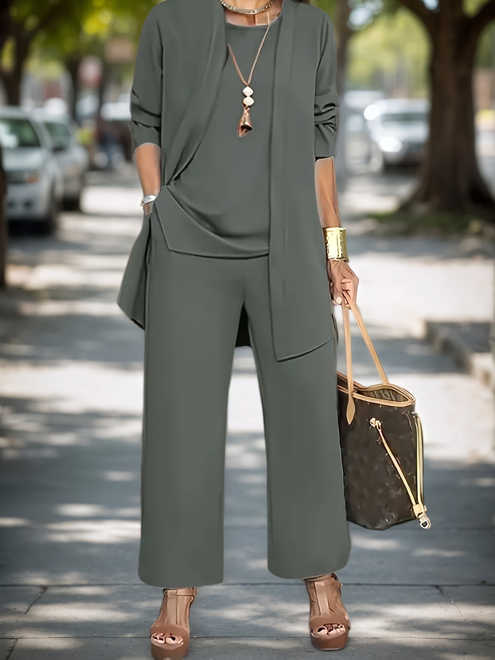 2025 New Elegant Women's Solid Color Two-Piece Set - Crew Neck Top & Wide-Leg Pants, Stretchy Polyester Blend, Machine Washable - Perfect For Spring Fall | IFYHOME