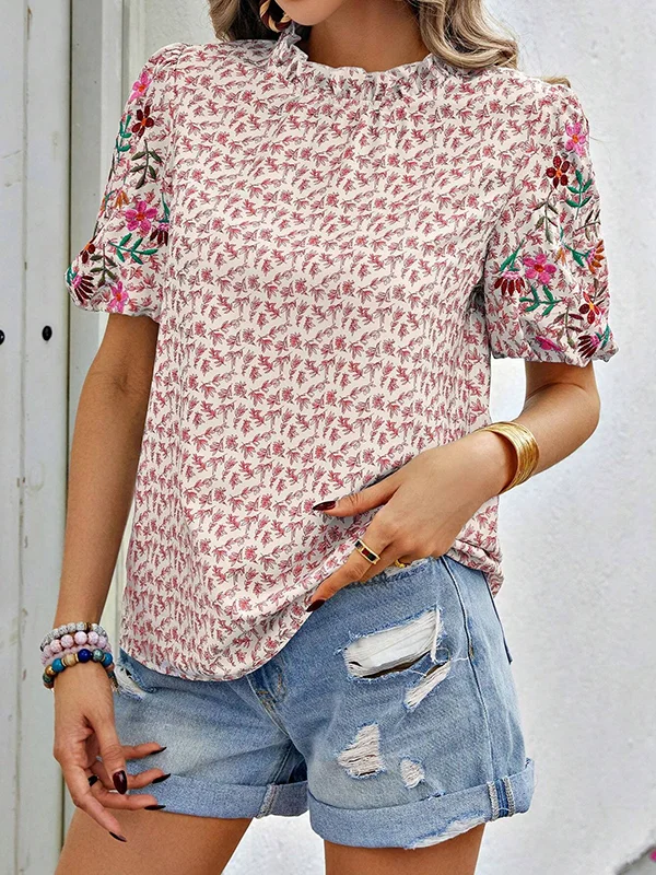 Elasticity Embroidered Flower Print Pleated Split-Joint Loose Short Sleeves Mock Neck T-Shirts Tops