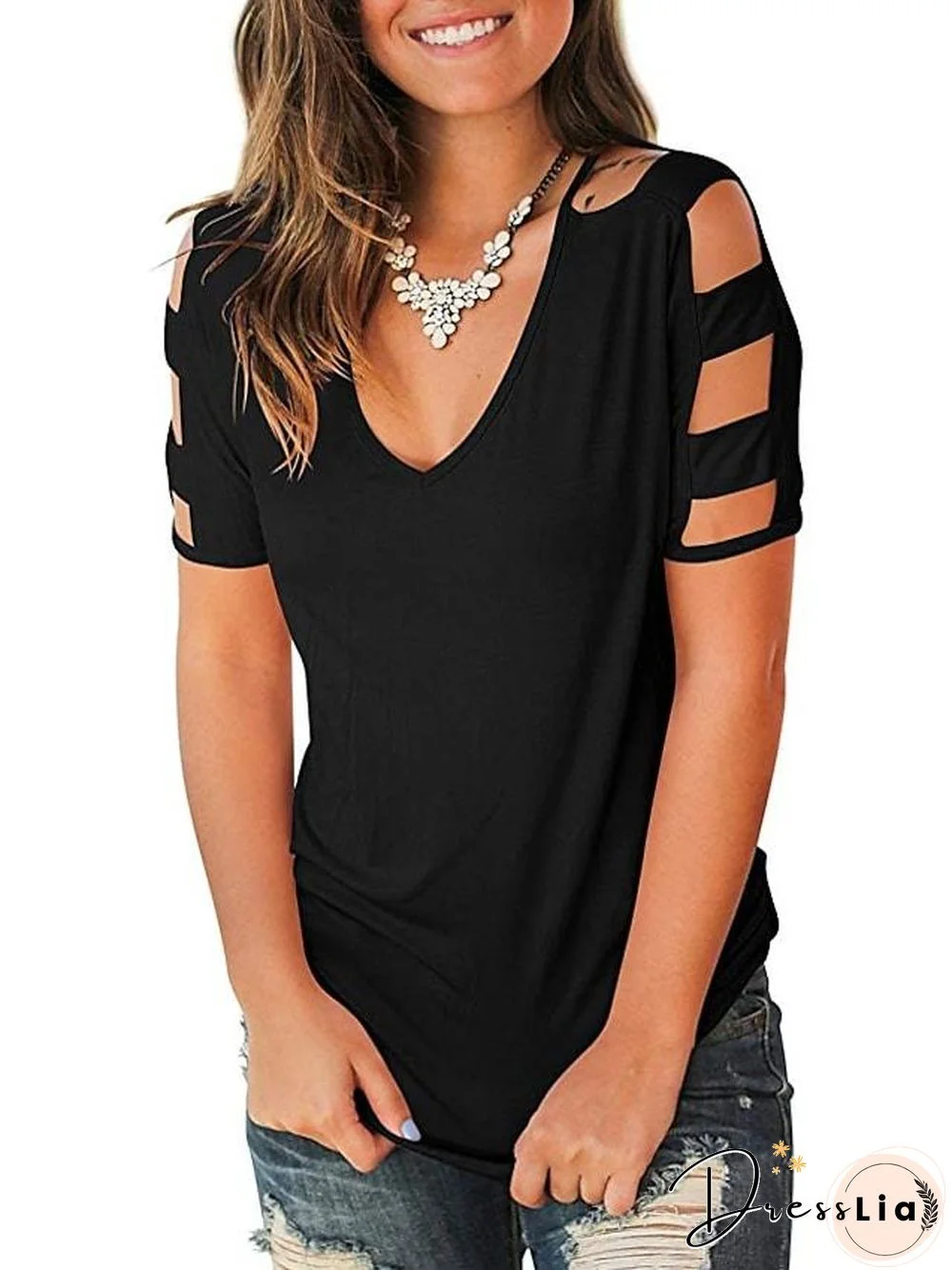 T-shirts Cute Rayon Tops Cut Out Shoulder Tees Blouses