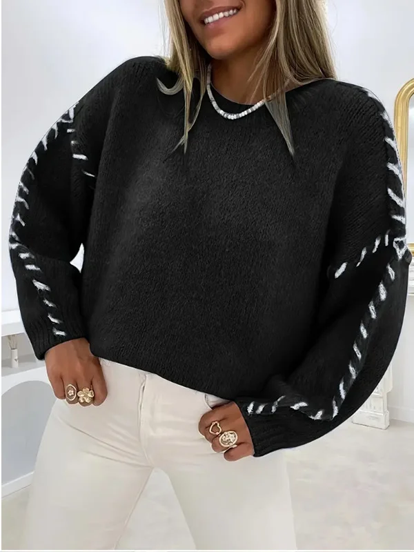 Athvotar Athvotar Leisure Pure Color Round Collar Knitted Shirt Wear Rope Design Loose Lanky Long Sleeve Sweater Female Top