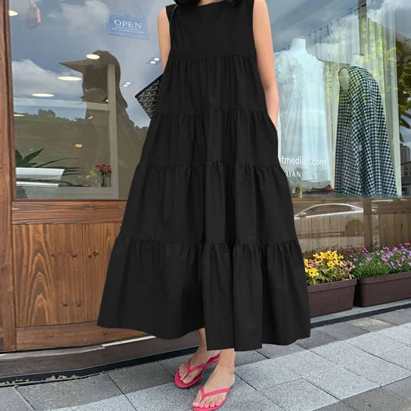 Summer Women Bohemian Sleeveless Ruffles Dress Elegant Sundress ZANZEA Solid Robe Femme Beach Tanks Dresses  Kaftan Vestidos