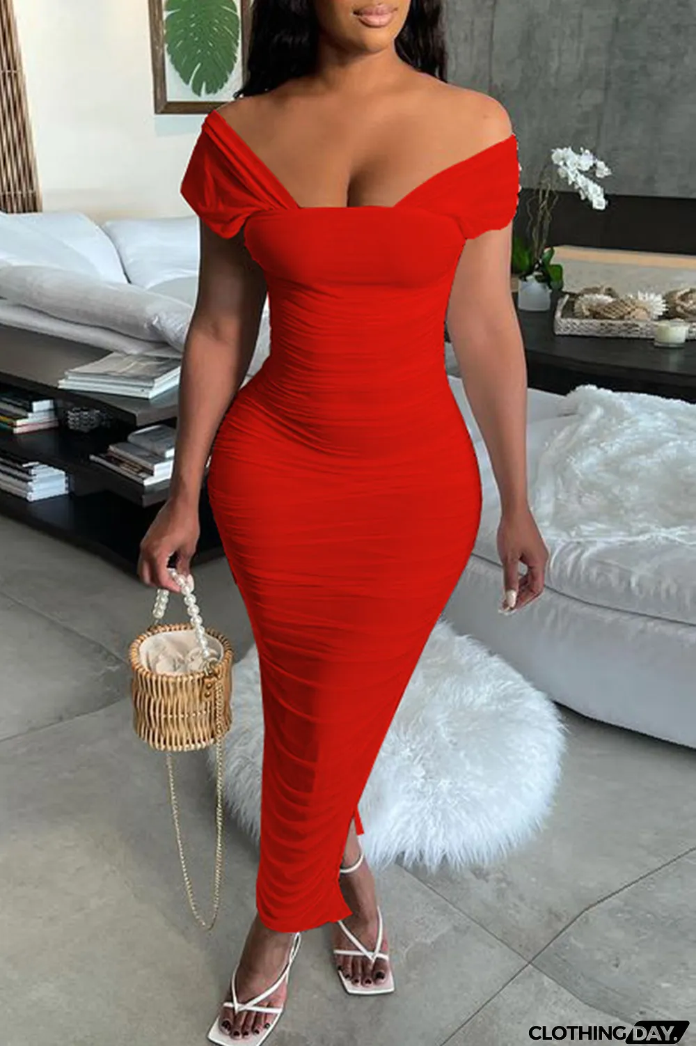 Red Sexy Solid Split Joint Square Collar Pencil Skirt Dresses