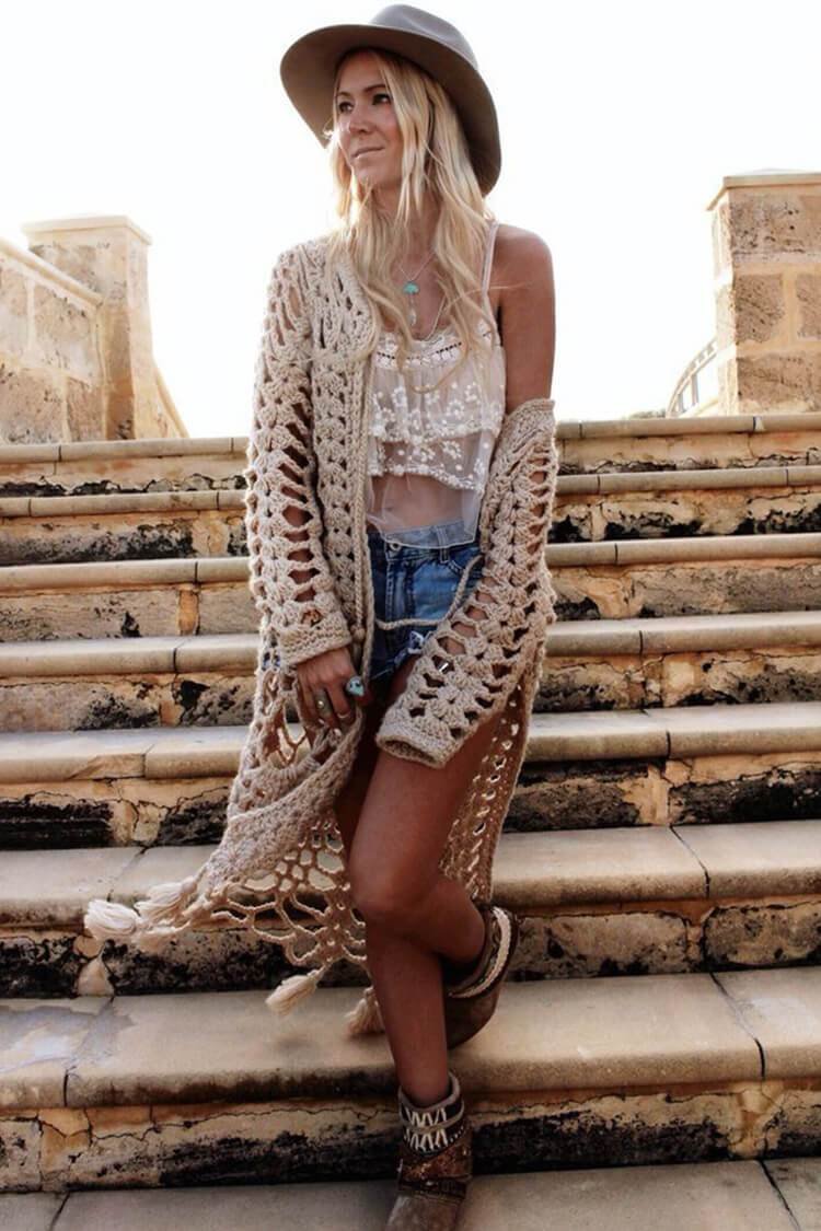 Boho Style Fringe Long Sleeve Crochet Cover Up-elleschic