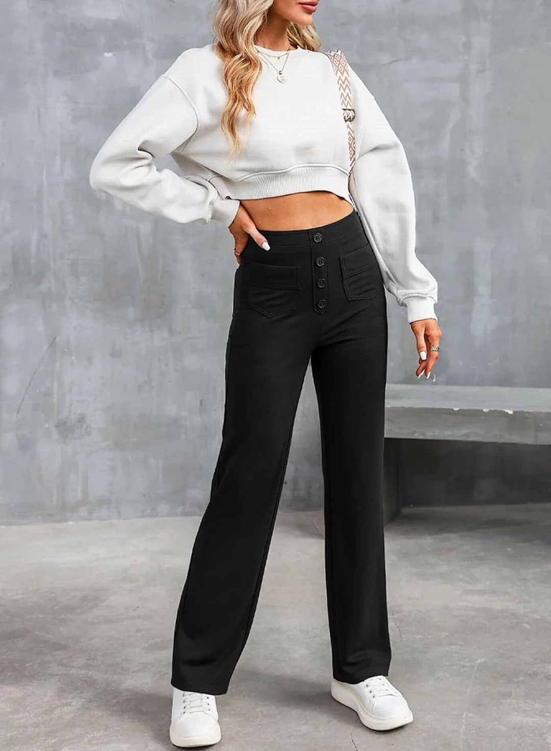 Mongw Mongw Fashion New Women's Casual Straight Pants High Waist Button Elastic Belt With Multiple Pockets
