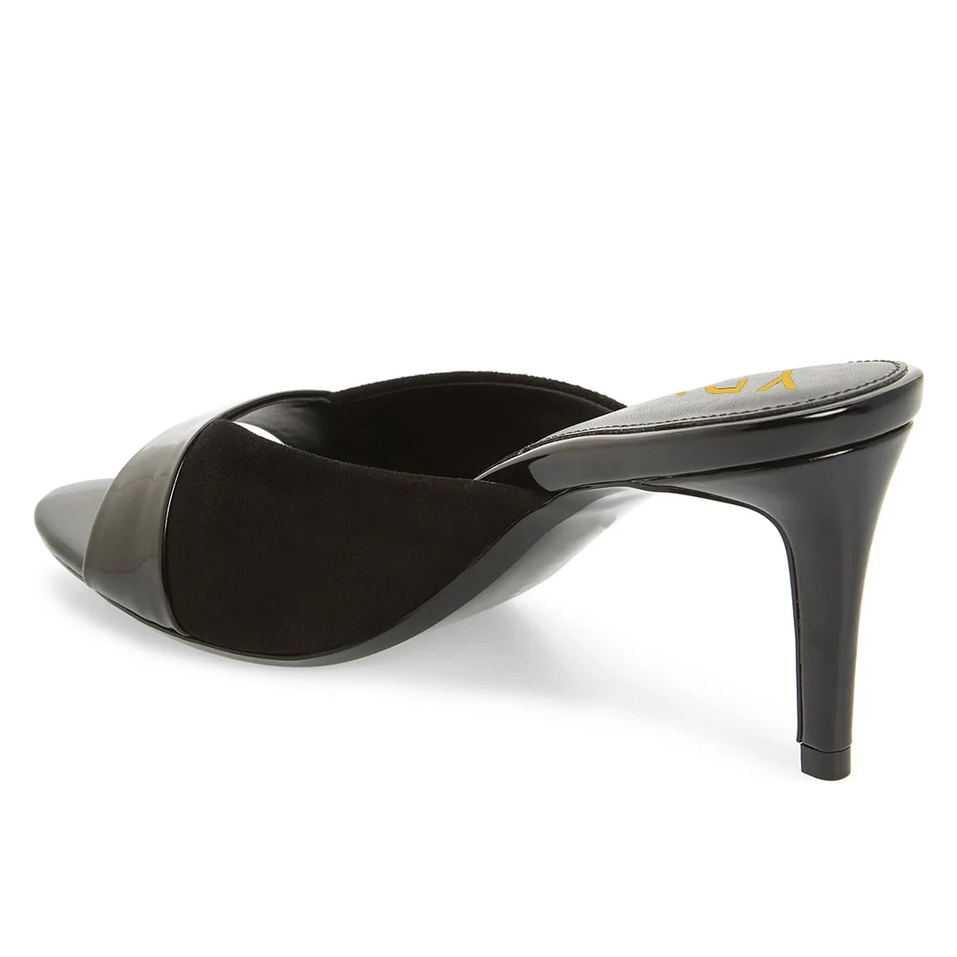 Black Patent Leather Wide Band Mules with Stiletto Heels for Ladies