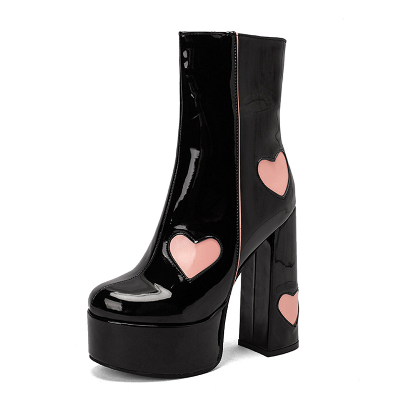 140mm Square Toe Chunky High Heels Platform Heart Embedded Pattern Patent Boots-MERUMOTE