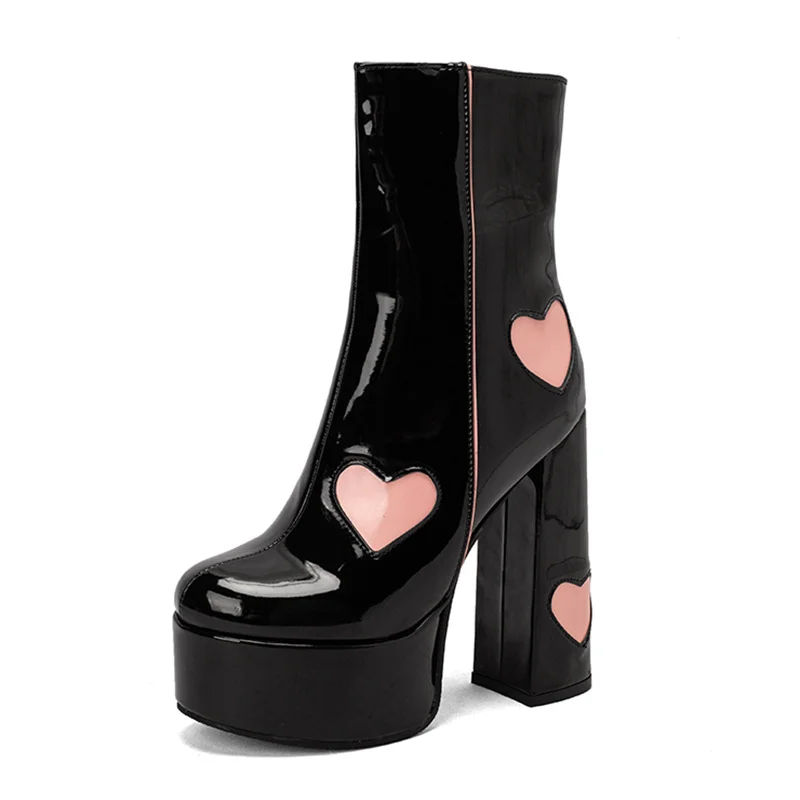 140mm Square Toe Chunky High Heels Platform Heart Embedded Pattern Patent Boots-MERUMOTE