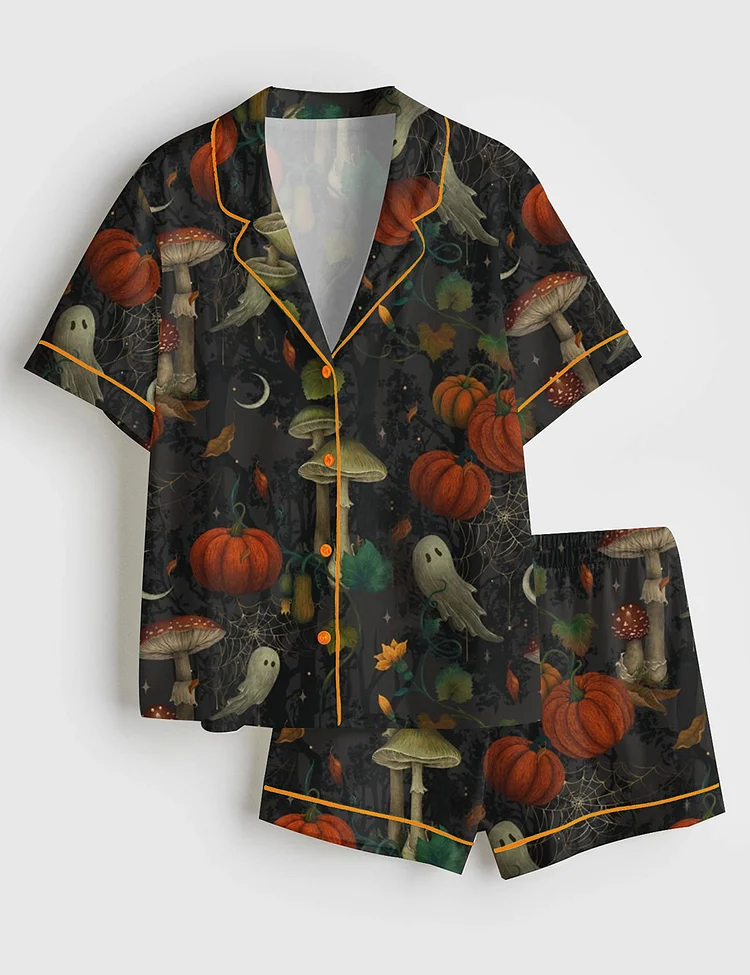 Women&rsquo;s Spooky Halloween Autumn Ghost And Cottagecore Halloween Trick Or Treat Horror Night Mushroom Short Sleeve Satin Pajama Set