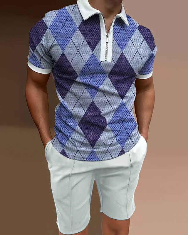 Men's Polo Shirts Casual Colorblock Two Piece Set