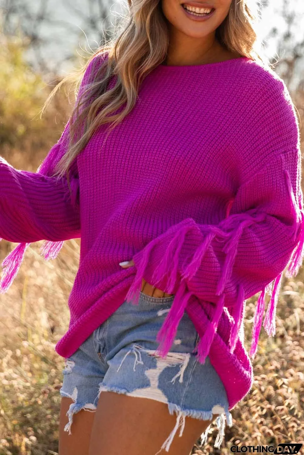 Drop Shoulder Tassel Pullover Sweater