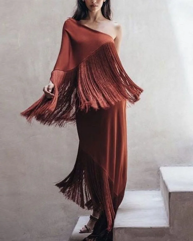 One shoulder fringed dress
