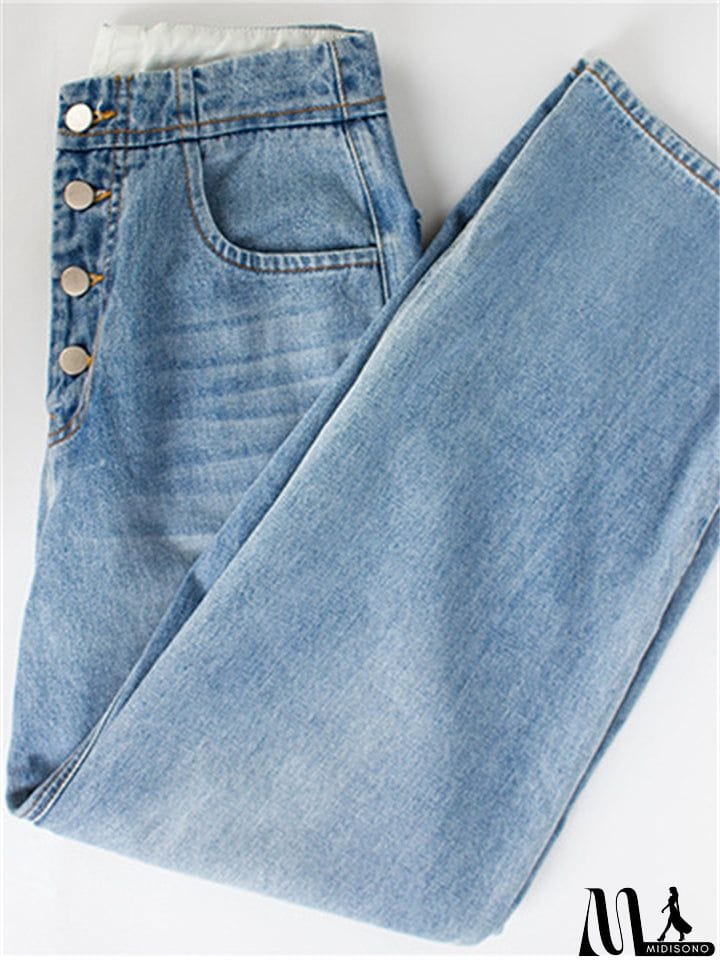MidiSono - Youth Campus Style Extra Loose Straight-Leg Light Blue Denim Jeans for Women