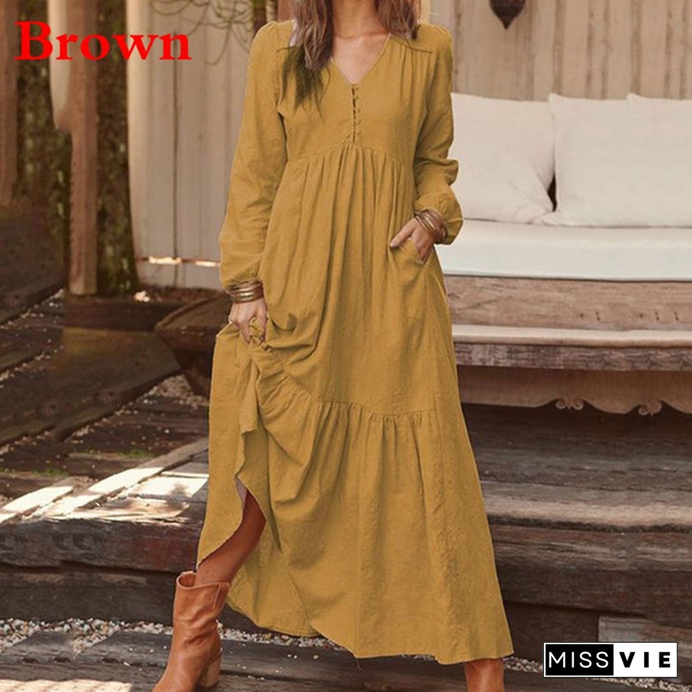 Autumn and Winter Women's Fashion Casual Button Retro Long-sleeved Dress