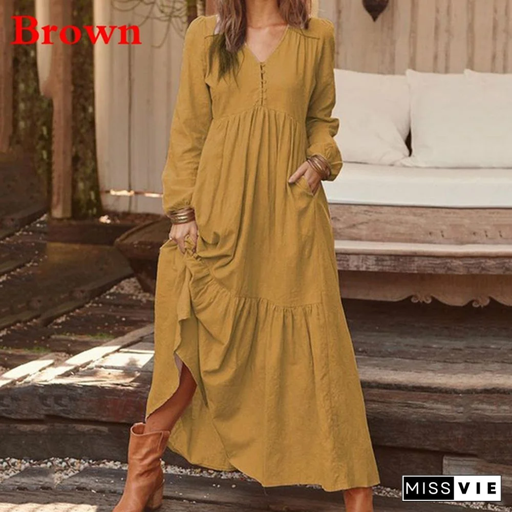 Autumn and Winter Women's Fashion Casual Button Retro Long-sleeved Dress