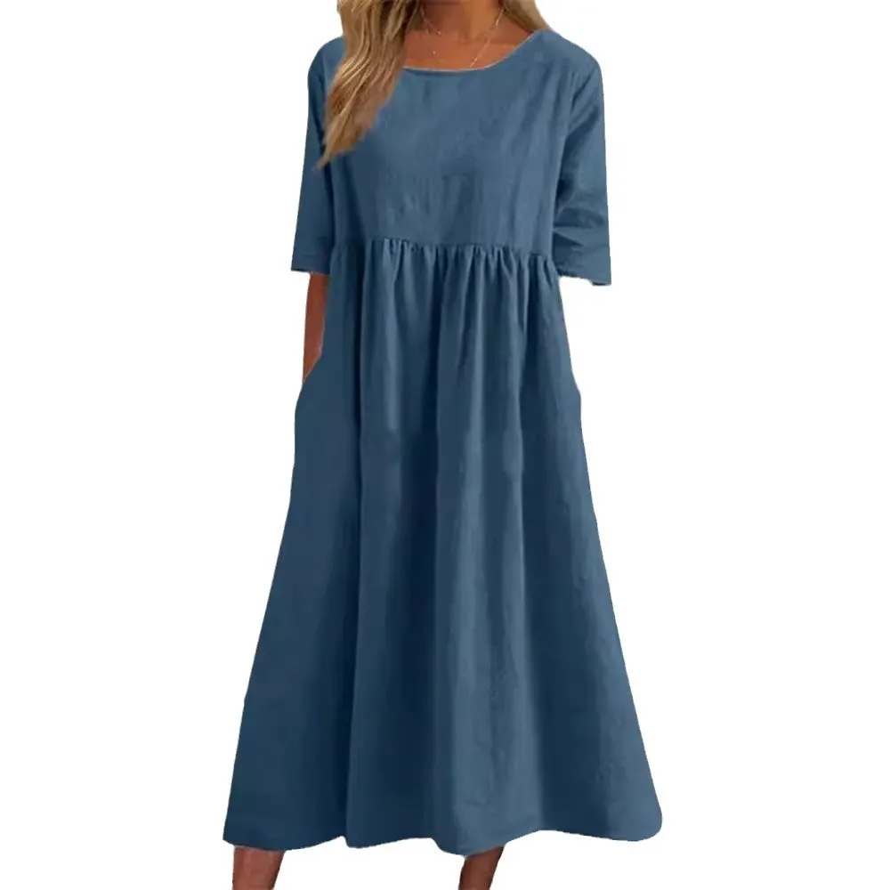 Brownm Brownm Cotton-Sleeved Short-Sleeved Pocket Folded Loose Round-Neck Dress In Summer 2025