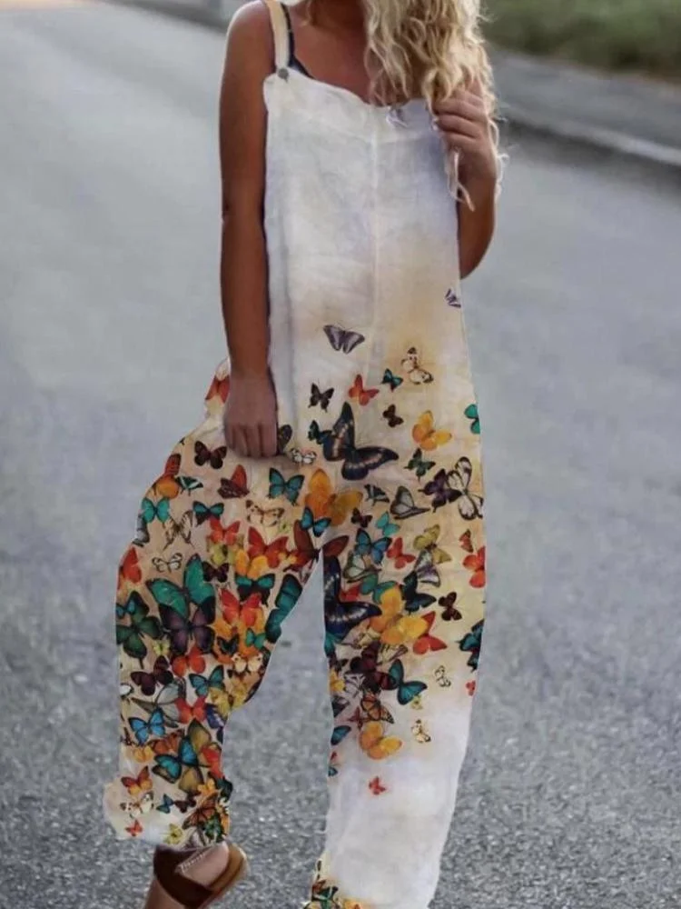 Ladies Cotton And Linen Comfortable Butterfly Print Jumpsuit