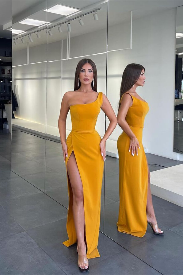 Bellasprom One Shoulder Yellow Prom Dress Mermaid With High Split Bellasprom