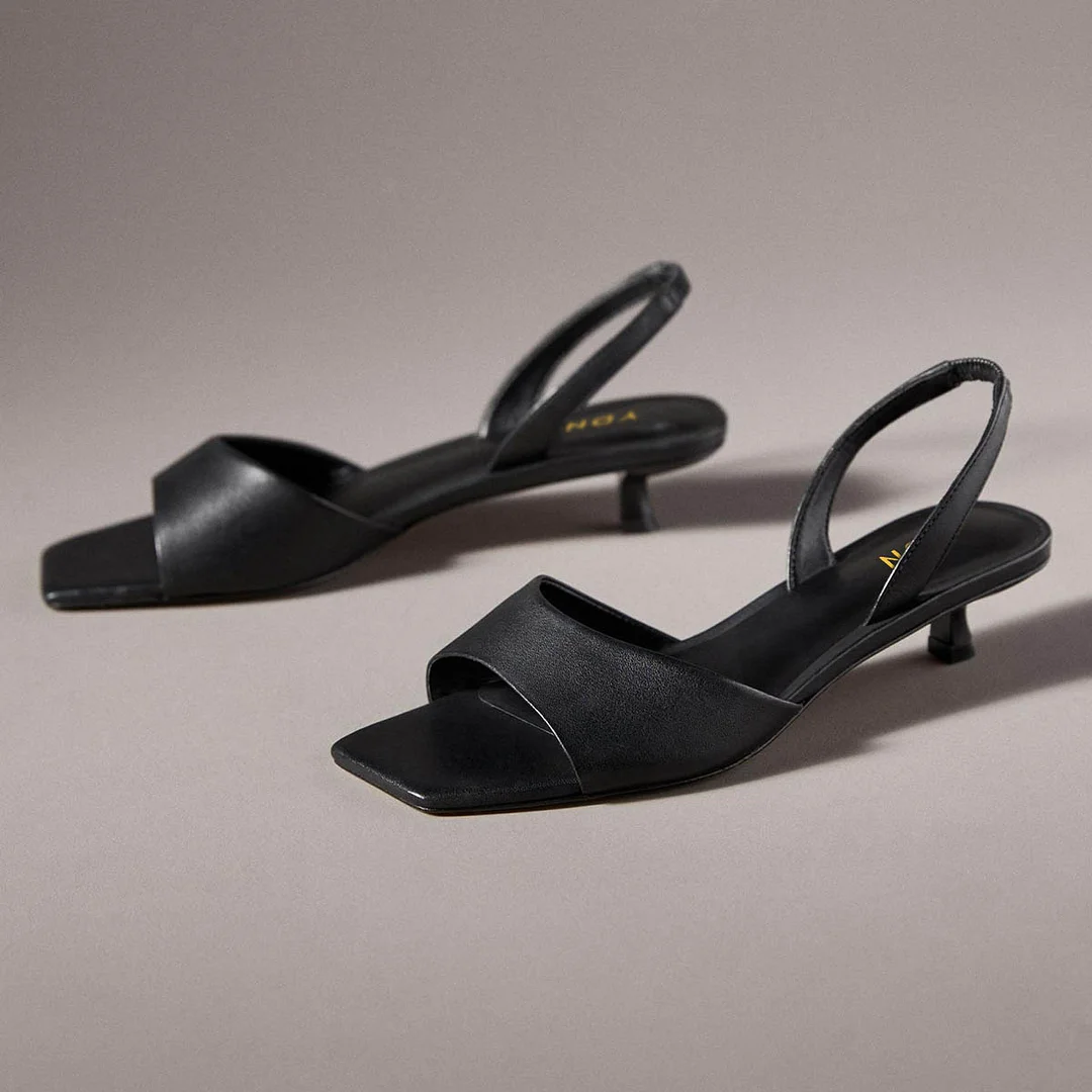 Simple Black Open Square Toe Kitten Heel Slingback Women's Sandals