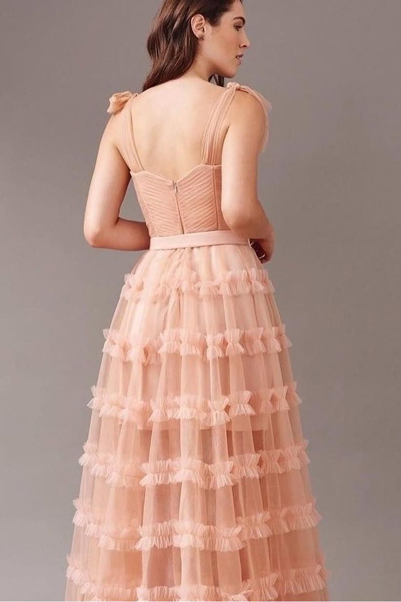 Miabel Charming Pearl Pink Tulle Sleeveless Spaghetti Strap Long Prom Dress with Ruffles 