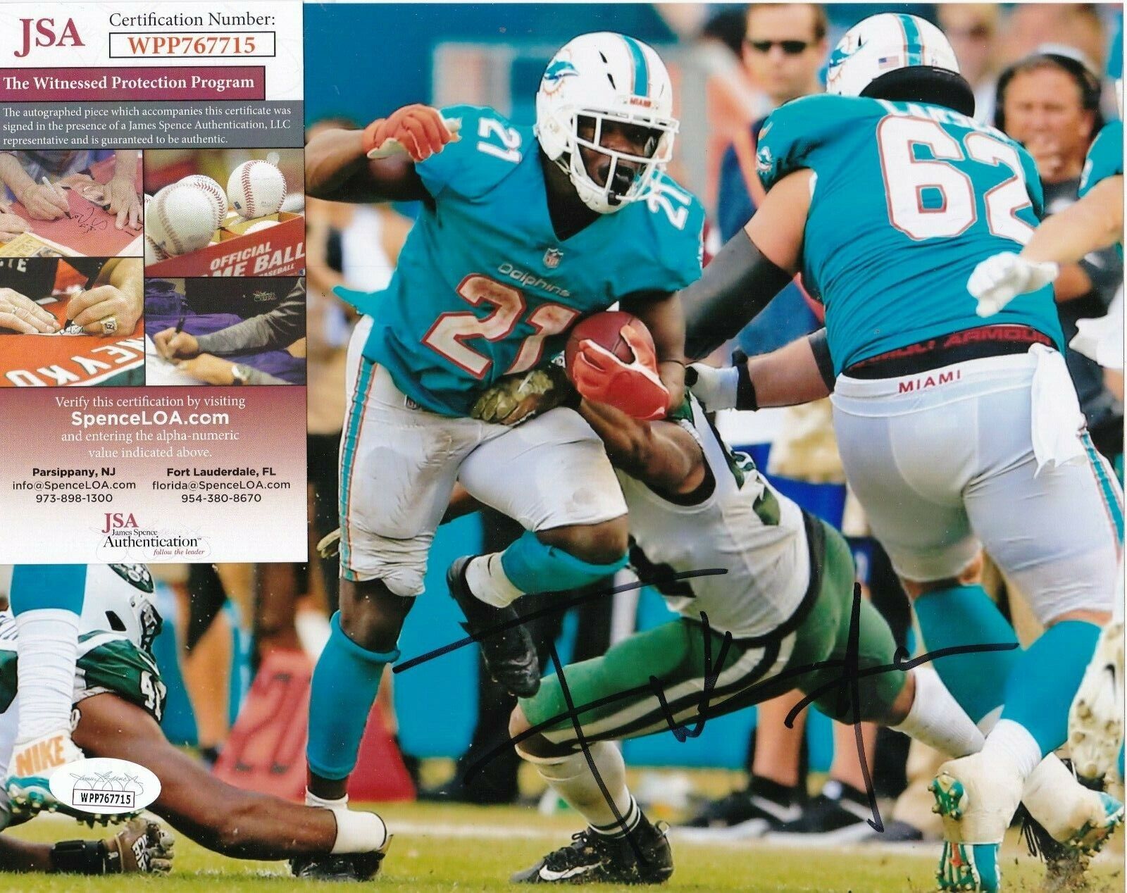 FRANK GORE MIAMI DOLPHINS JSA AUTHENTICATED ACTION SIGNED 8X10