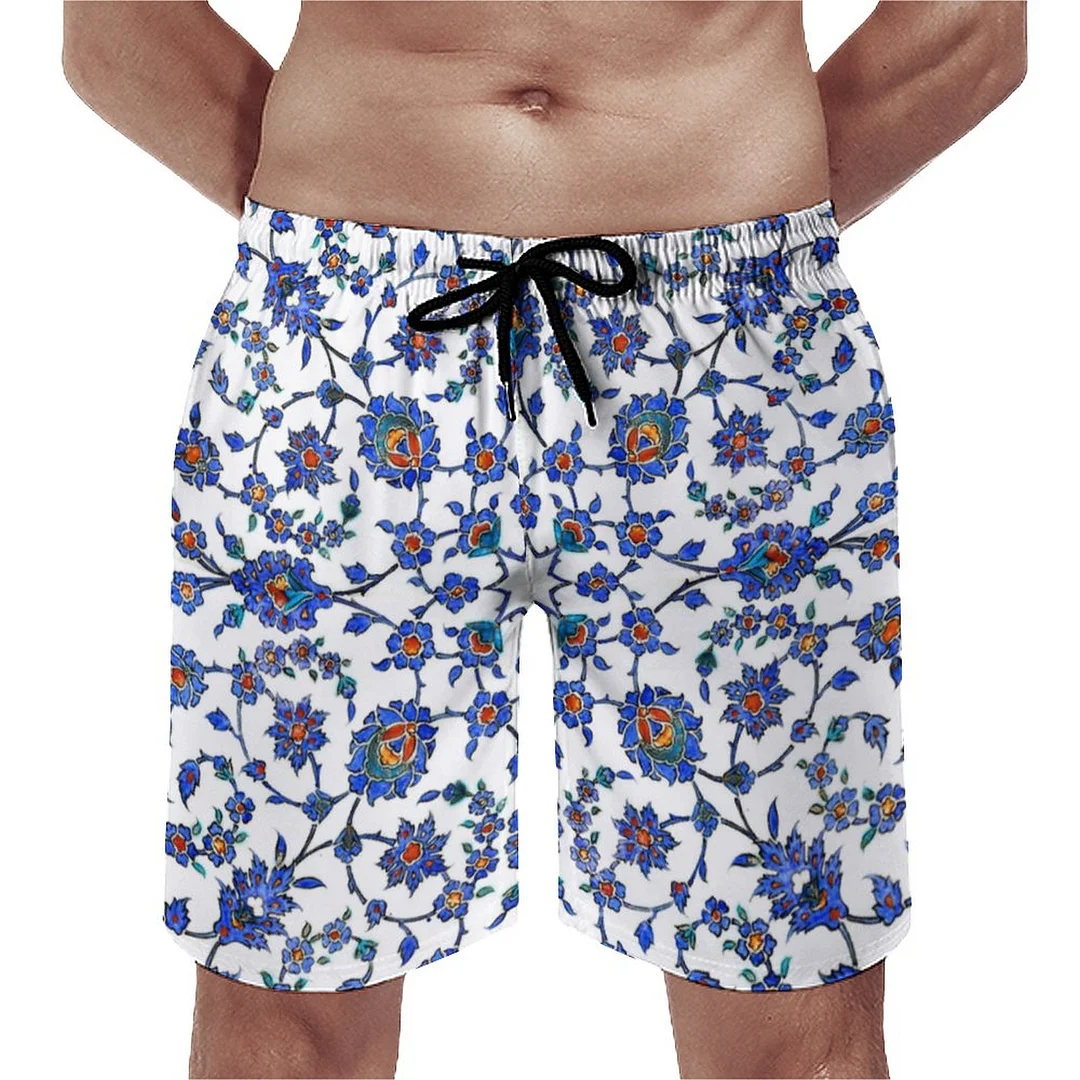 Ancient Turkish Florals Persian Oriental Flower Rooster Men's Swim Trunks Summer Board Shorts Quick Dry Beach Short with Pockets