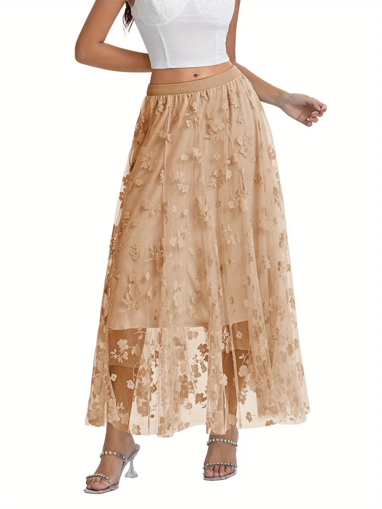 Elegant Velvet Midi Skirt | Women's French A-Line Mesh Elastic Waist Floral Skirt For Spring Fall