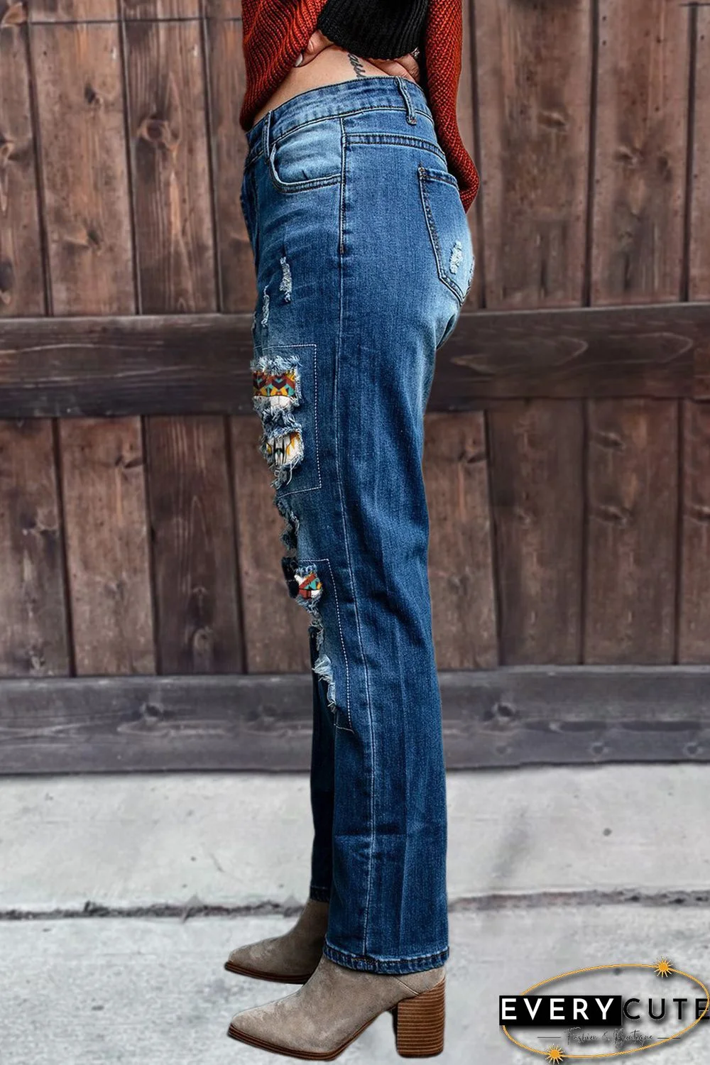 Western Pattern Patchwork High Rise Distressed Jeans