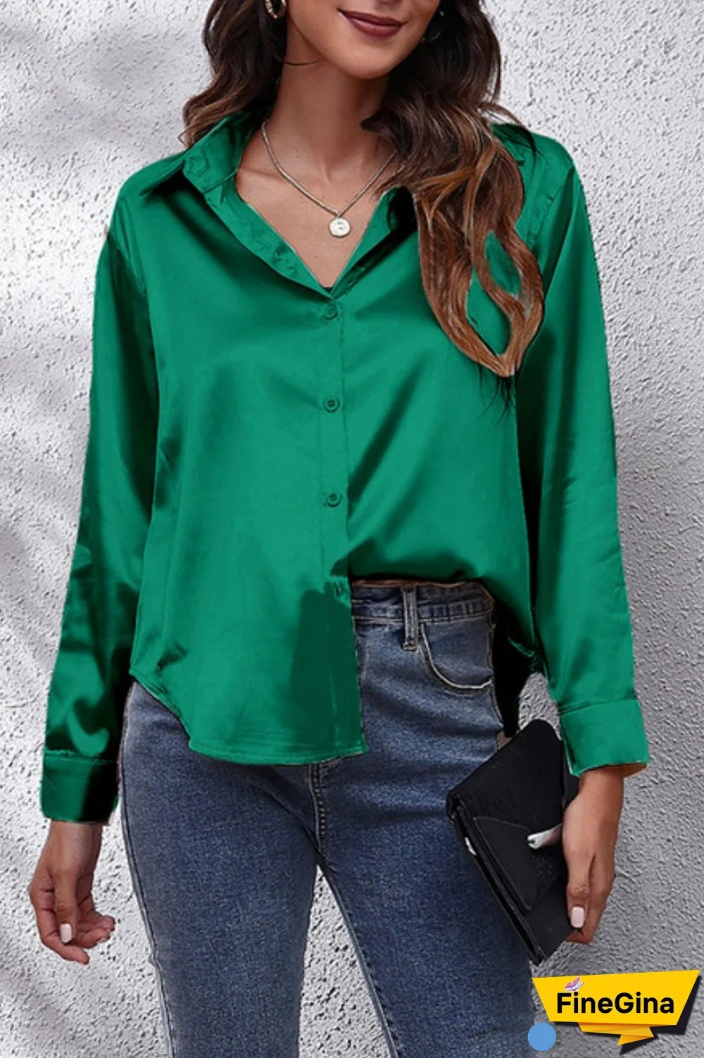 Green Casual Solid Basic Shirt Collar Tops