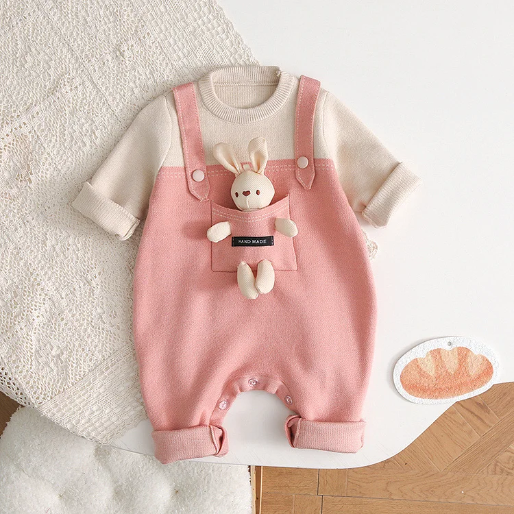 Baby Girl 95% Cotton Block Color Mock Two-pieces Pocket Rabbit Long Sleeve Romper