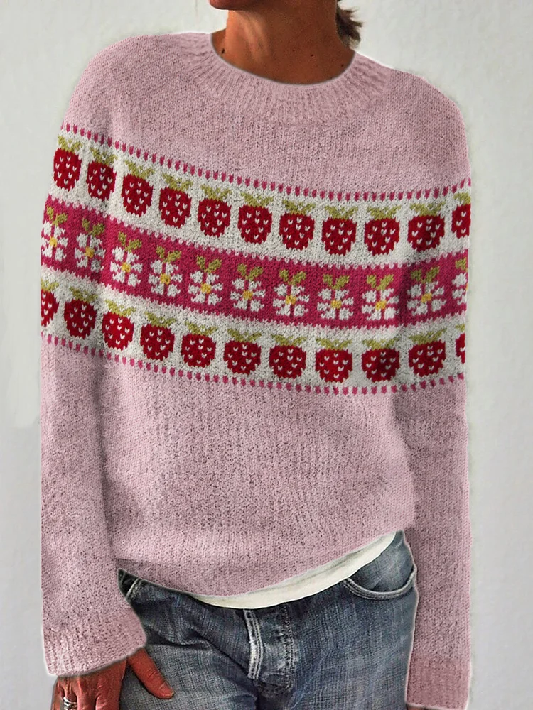 VChics Vintage Strawberry Floral Cozy Knit Sweater