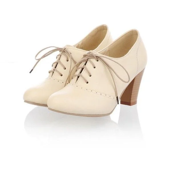 Beige Oxford Lace up Chunky Heel Vintage Shoes Vdcoo