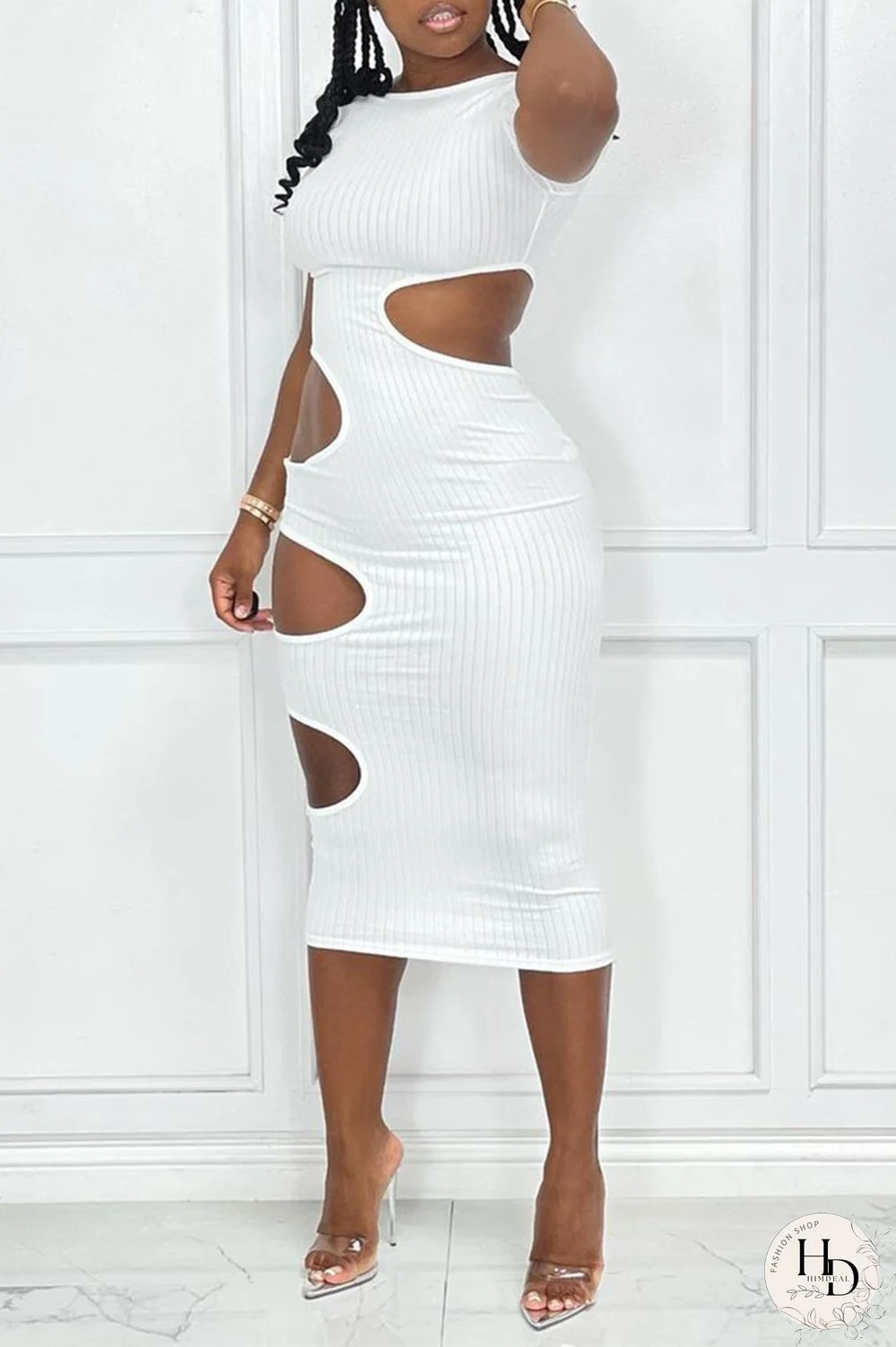 White Fashion Sexy Solid Hollowed Out O Neck Short Sleeve Dress Dresses