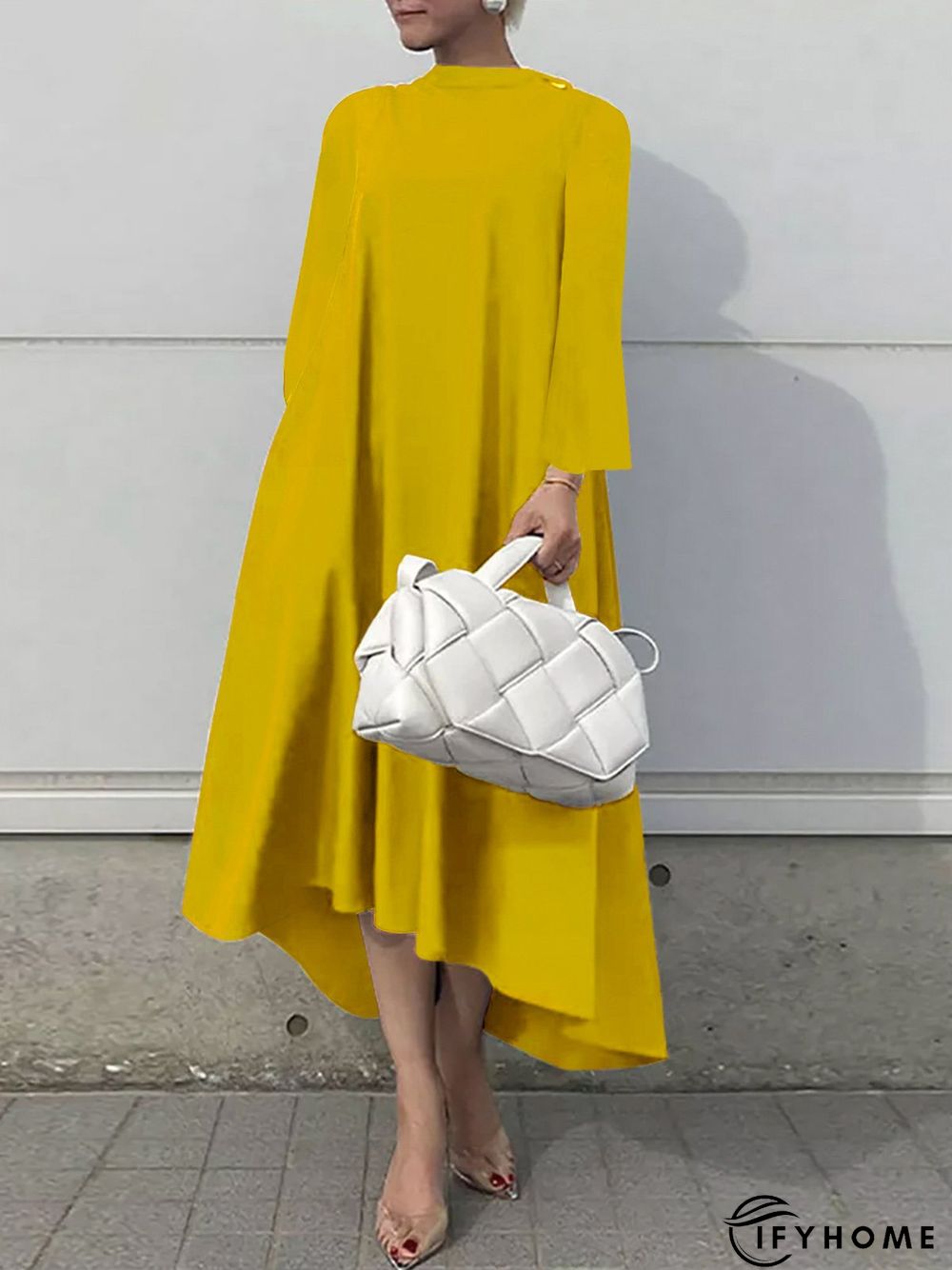 Plain Long sleeve Stand Collar Simple Regular Fit Dress | IFYHOME