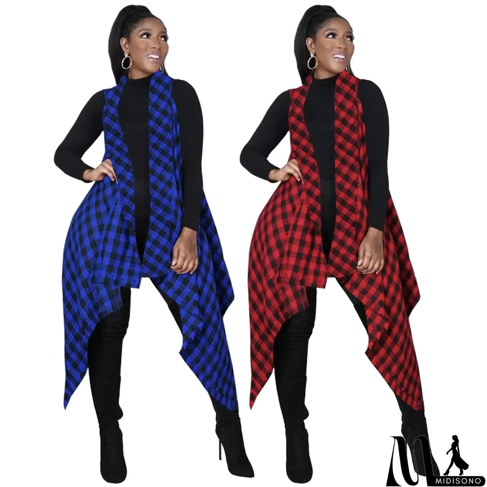 MidiSono - Spring Casual Red Plaid Cotton Irregular Long Vest Coat