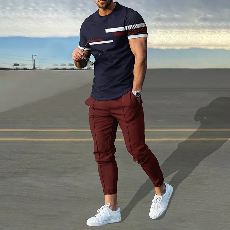 BrosWear Classic Color Red And Blue Stripes T-Shirt And Pants Co-Ord