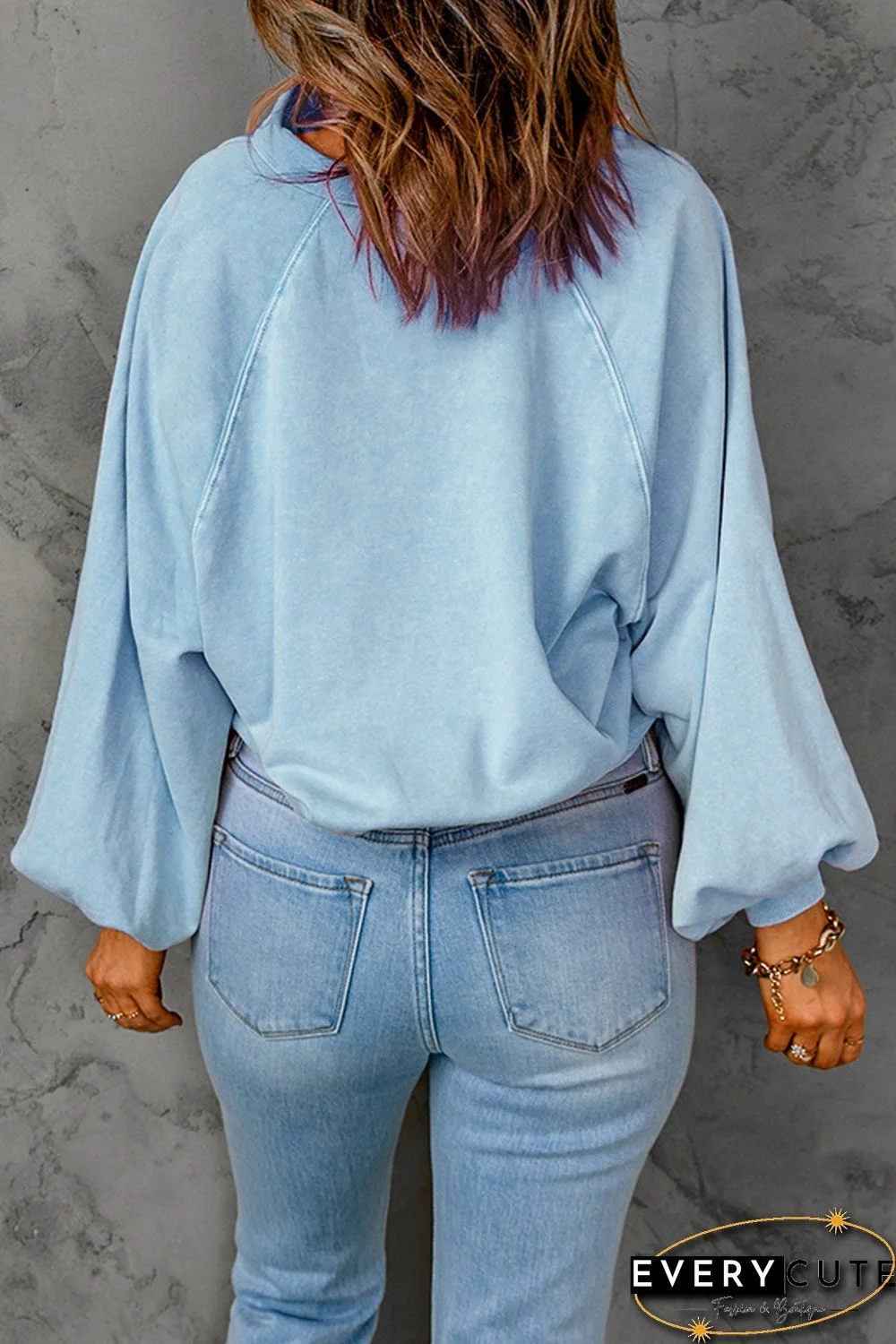 Sky Blue Washed Snap Buttons Lantern Sleeve Pullover Sweatshirt
